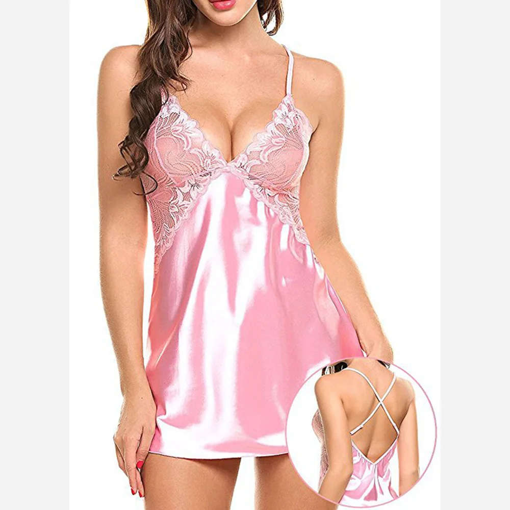Gecelik Женская шелковая ночная рубашка, кружевное нижнее белье, ночная рубашка, сексуальная ночная рубашка, женское белье, сексуальная шелковая сорочка - Цвет: pink