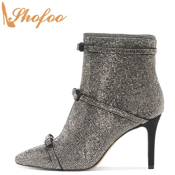 

Pewter Crystal High Thin Heels Bow Knot Ankle Boots Woman Pointed Toe Zipper Booties Large Size 13 16 Lady Fashion Shoes Shofoo
