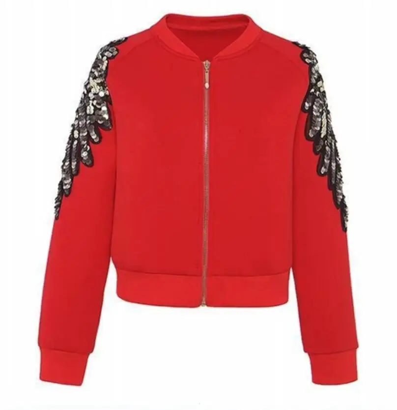 Женские красные короткие куртки весна осень новая мода эластичные тонкие блестки расшитая бисером куртка Топы женские парки OL пальто бомбер