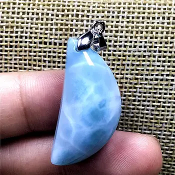 

Natural Blue Larimar Moon Shape Necklace Pendant For Woman Man Crystal 31x15mm Beads Silver Dominica Water Pattern Stone AAAAA
