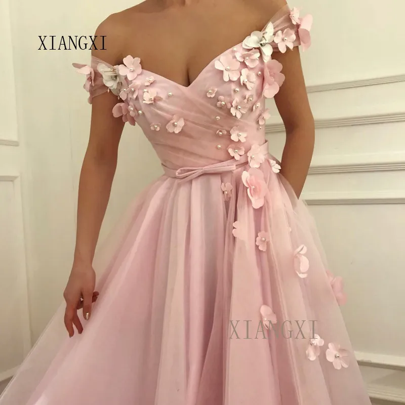 

Abendkleider Pink Evening Dress Sheers A-Line Off The Shoulder 3D Flower Evening Dresses Long Prom Party Dress Formal Gowns