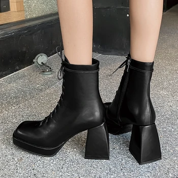 

Brand New Big Size 43 Best Quality Square High Heels Shoelaces Platform Winter Boots Shoes Women