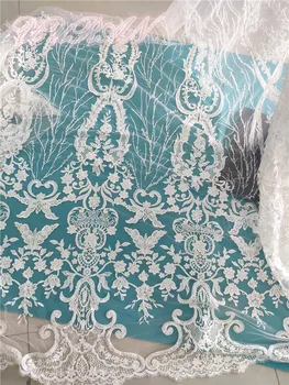 

White African Beads French Tulle Lace Fabric High Quality Embroidery Lace Nigerian French Cord Lace with Beads Dubai Style