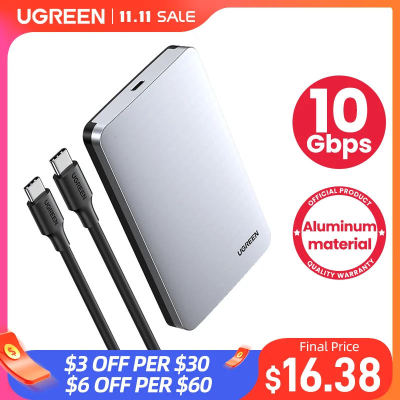  UGREEN HDD чехол 2,5 6 Гбит/с SATA к USB C 3,1 Gen 2 внешний жесткий диск коробка алюминиевый чехол HD для Sata жесткий диск Корпус SSD, HDD 