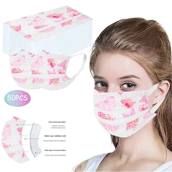 

50Pc Disposable Face Mask Cute Animal Print Non-Woven 3 Layer Face Masks For Germ Protection For Adults Mascarillas Flag Bandana