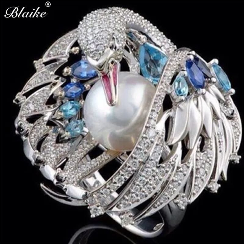Blaike изысканный белый лебедь синтетический жемчуг кольца для женщин 925 Серебро Свадебное обручальное кольцо Ювелирные изделия Подарки