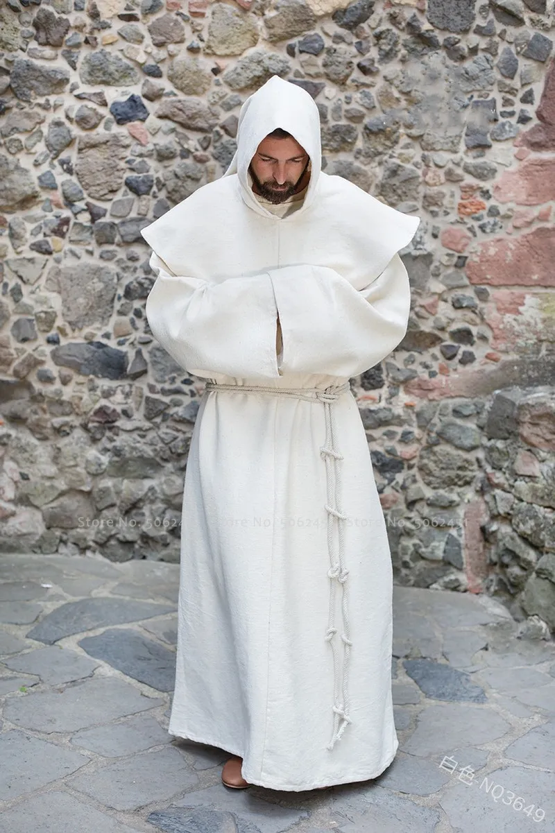Goedkoop Halloween Middeleeuwse Friar Priester Retro Hooded Mantel Monnik Sorcerer Wizard Losse Gewaad Gown Wizard Cowl Gebed Party Cosplay Kostuum