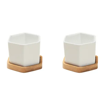 

3 Sets of Small White Ceramic Hexagonal Succulent Containers Plant Pot Cactus Planter Pot with Bamboo Tray
