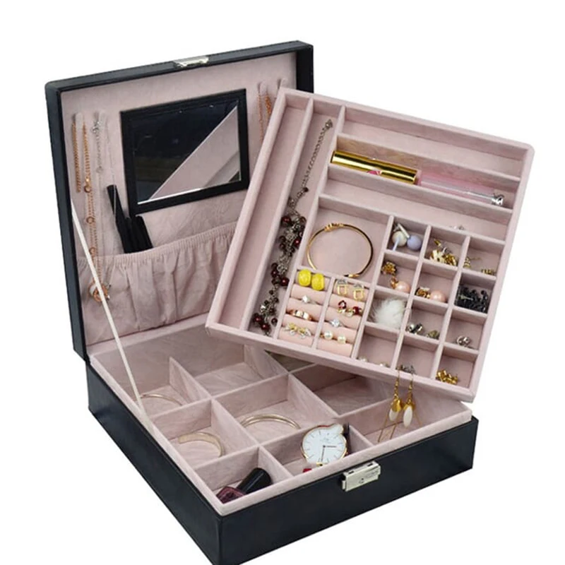 Двухслойная коробка для хранения ювелирных изделий емкость несколько секций коробка для часов макияж зеркальное домашнее украшение аксессуары для хранения
