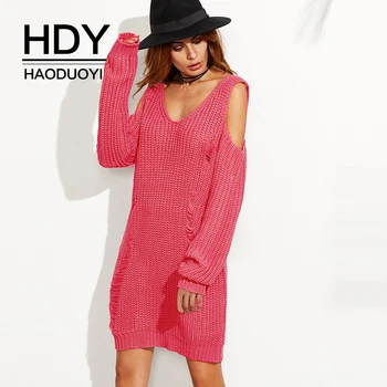 

HDY Haoduoyi Autumn Fashion Trend Personality Simple Loose Strapless Solid Color Hole Long Long Sleeve V-neck Pullover Sweater