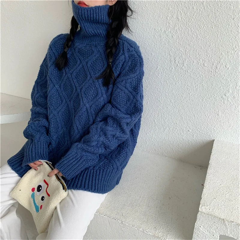 Koop Shop1314 Vintage Diamanten Patroon Coltrui Vrouwen Casual Losse Lange Mouwen Winter Trui Vrouw Dikke Jumper Tops