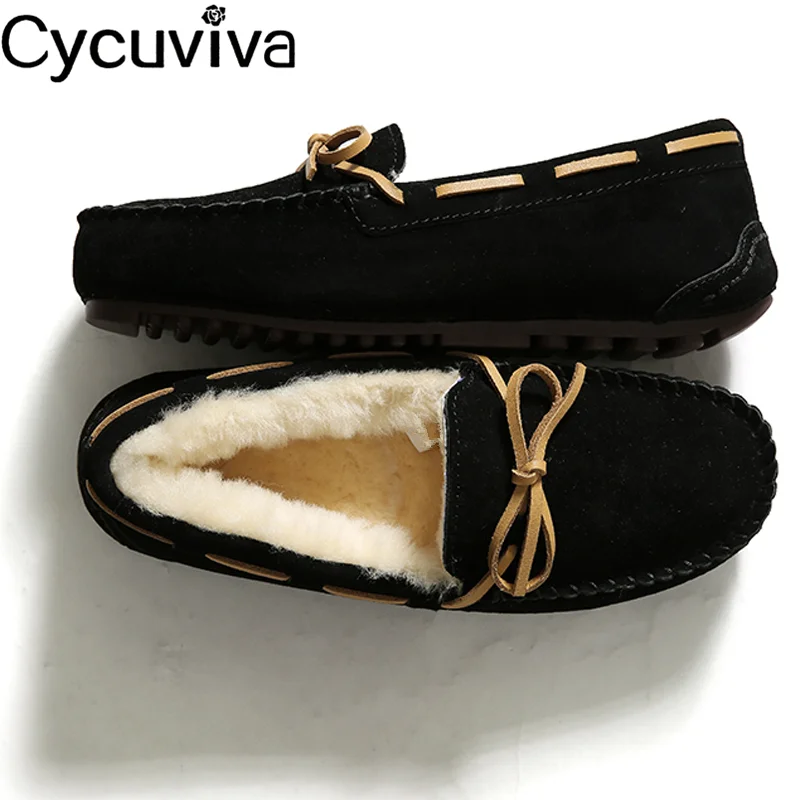 New Bow Wool Boots For Women Concise Slip On Casual Flat Shoes Woman Comfy Warm Runway Ankle Boots Natural Fur Winter Shoes