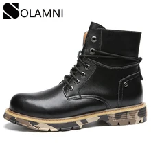 Мужской кожаный мотоциклетный ботинки зимние теплые ботинки Martin с плюшевой подкладкой камуфляжные ботильоны на платформе для мужчин высокие рабочие ботинки