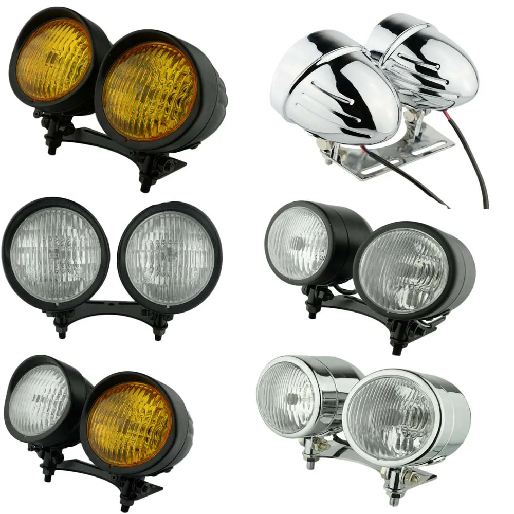 Motorcycle Vintage Headlight Bottom Mount Headlamp Retro Head Light twin Dual Headlight+Bottom Bracket |