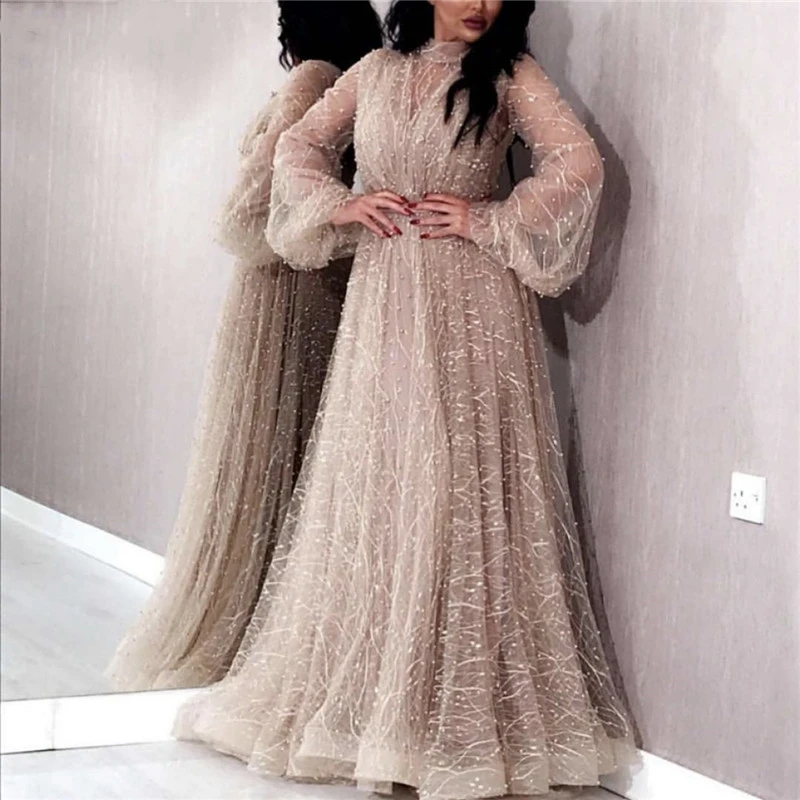 Вечерние платья с длинным рукавом трапециевидной формы с жемчугом длиной до пола мусульманское Дубай сексуальное выпускное платье из фатина для женщин плюс размер - Цвет: Шампанское