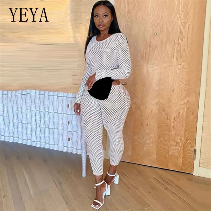 

YEYA Hollow Out White Fishnet Skinny Jumpsuit for Women Sexy O-neck Long Sleeve Bodycon Romper Autumn Waist Cut Out Bodysuits