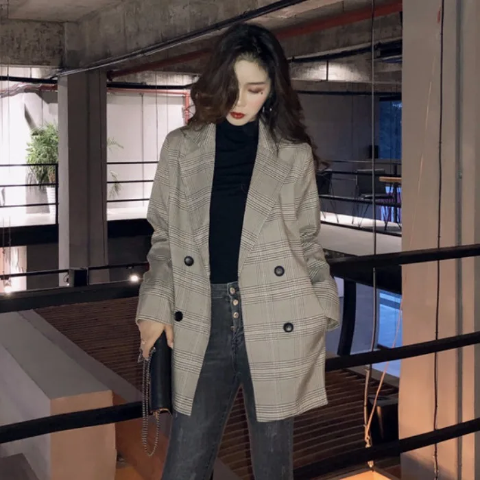 

CHIC Loose Retro Slimming Pattern Long Sleeve Suit Jacket Women's 2019 Spring New Style Korean-style Mid-length Suit