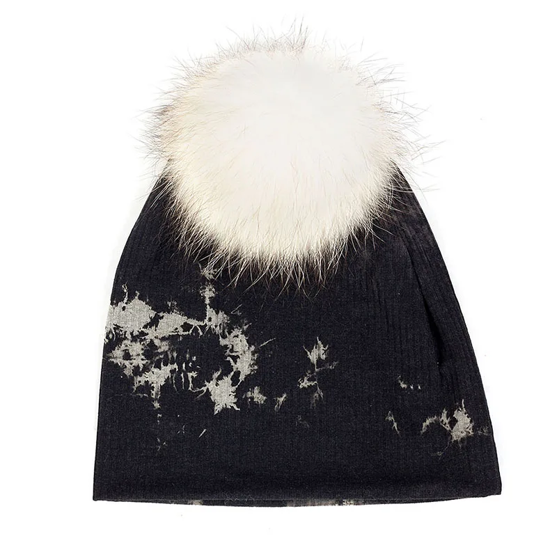 black gray white Geebro теплая хлопковая шапка унисекс с черепом для женщин и женщин, шапка с помпоном из натурального меха енота для мужчин и мальчиков, шапки-бини для зимы и осени - Цвет: black gray white