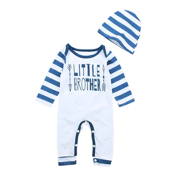 

Newborn Baby Little Brother Boy Letters Romper Striped Long Sleeve Cotton Cozy Jumpsuit Hat Cute Infant Boy Suit