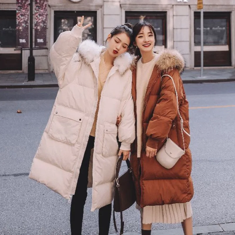 

Photo Shoot South Korea Oversize Sweet Caramel Color Long down Coat Hooded Model Fur Collar Large Pocket Cotton-padded Clothes W