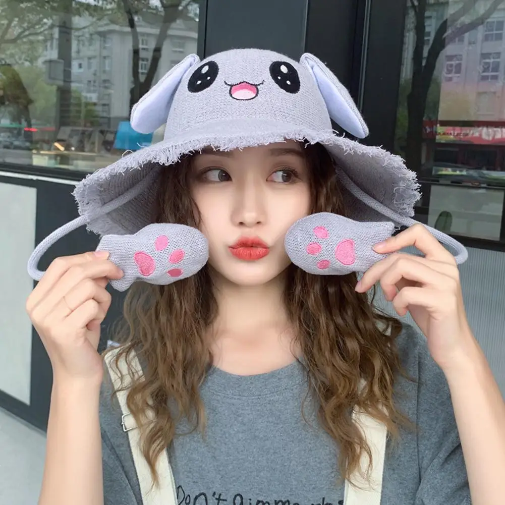 DSstyles 1 шт. ухо будет перемещать sunhat хлопок вязать шляпа может двигаться Уши милый кролик Sunhat