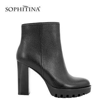 

SOPHITINA Ankle Boots Super High Square Heel Platform Solid Boots Retro Genuine Leather Round Toe Sexy Party Warm Lady Shoes B13