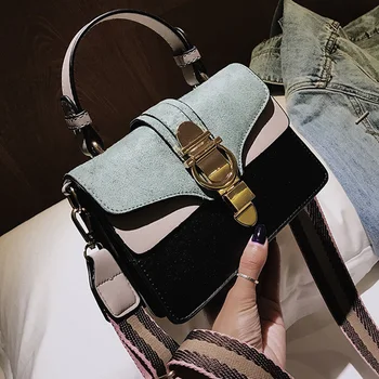 

Scrub Shoulder Crossbody Bags for Women Bag 2020 Leather Handbags Panelled Small Flap Wide shoulder strap Crossbody Bags Bolsa