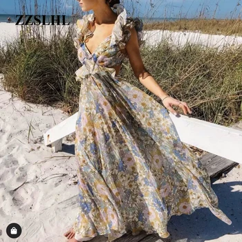 

2020SS holiday ruffled V-neck temperament floral print long dress beach