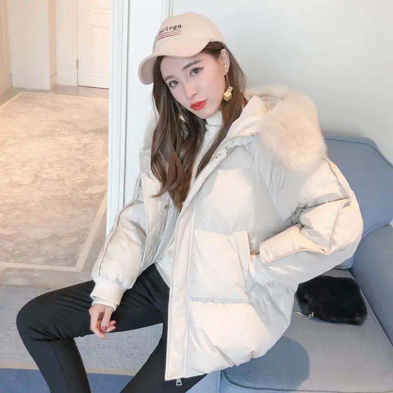 2021 Winter New Thick Bread Jacket Female Zipper Fur Collar Jacket Women Short Student Loose Korean Style Down Cotton JacketA197