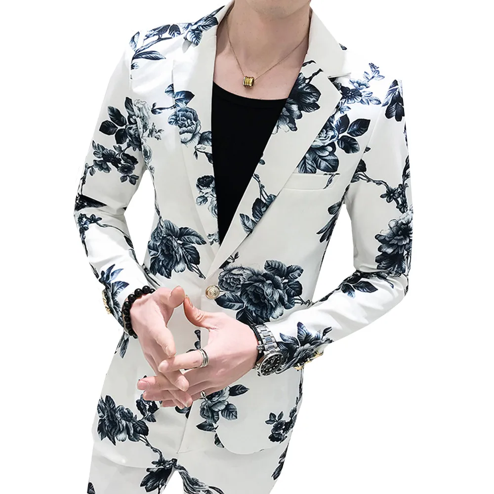 Костюмы с цветочным принтом мужские вечерние модные тонкие(Блейзер+ брюки) Модный цветочный костюм мужской Банкетный британский стиль деловой повседневный комплект