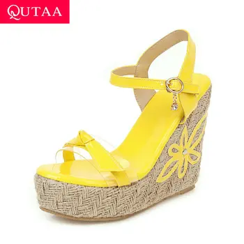 

QUTAA 2020 Butterfly-Knot Transparent PU Sandals Wedge High Heel Women Shoes Fashion Platform Summer Ladies Pumps Big Size 34-43