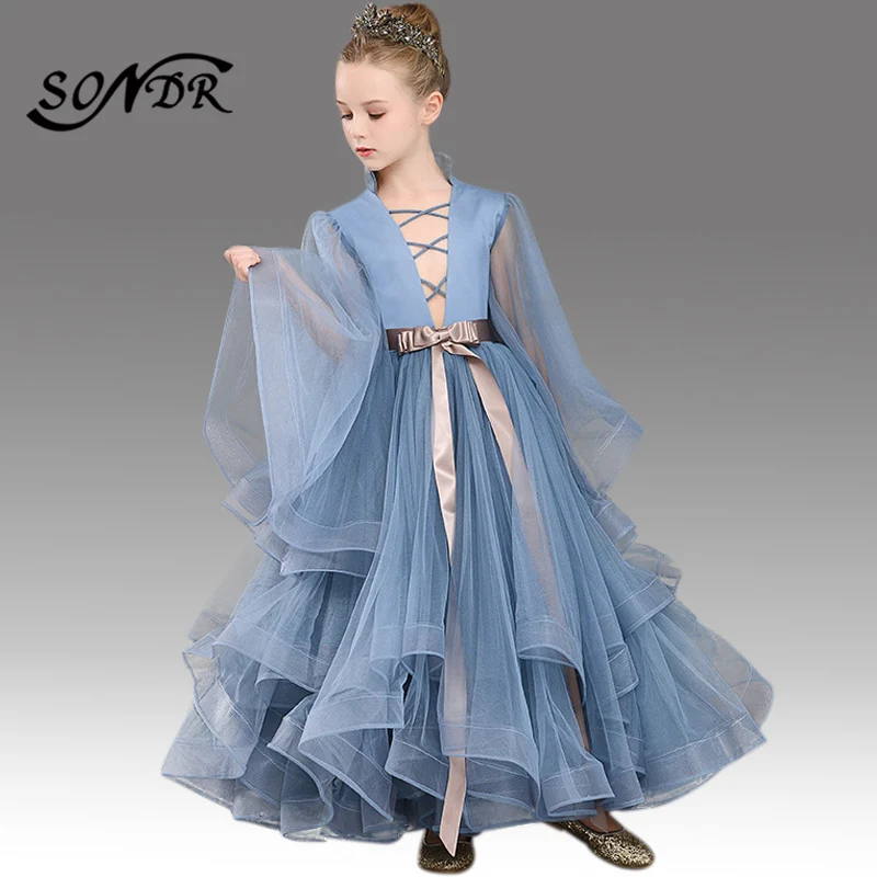 

Dark Grey Primera Comunion Decoracion HT098 High Collar Long Sleeve Flower Girl Dress Ruffles Floor-Length Pincess Ball Gowns