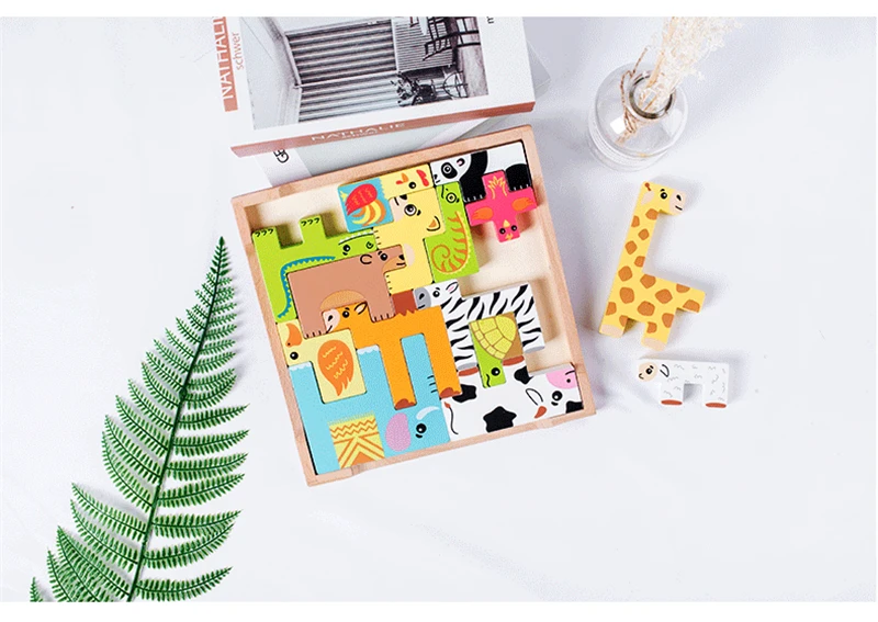 Деревянные блоки головоломки забавная головоломка обучение маленьких детей игрушки Тетрис животных творческие головоломки строительные