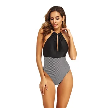 

One Piece Swimwear Women Stripe Bodysuit Push Up Monokini Swimsuit Sexy Halter Cross Bathing Suits Female Beachwear Swim Suit #4