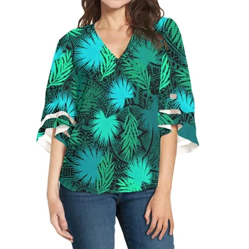 HYCOOL New Arrivals Palm Print Sexy V Neck Women Tops Neon Green Long Sleeve Lace Blouses Elegant Casual Womens Tops And Blouses