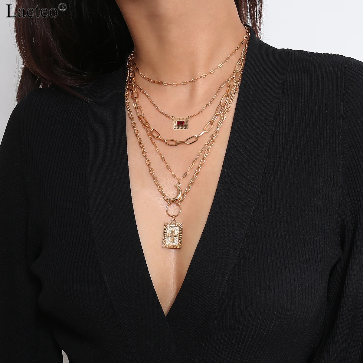 

Lacteo Vintage Square Coin Cross Face Moon Pendant Necklace Jewelry for Women 2019 Fashion 5Multi Layered Chain Choker Necklace