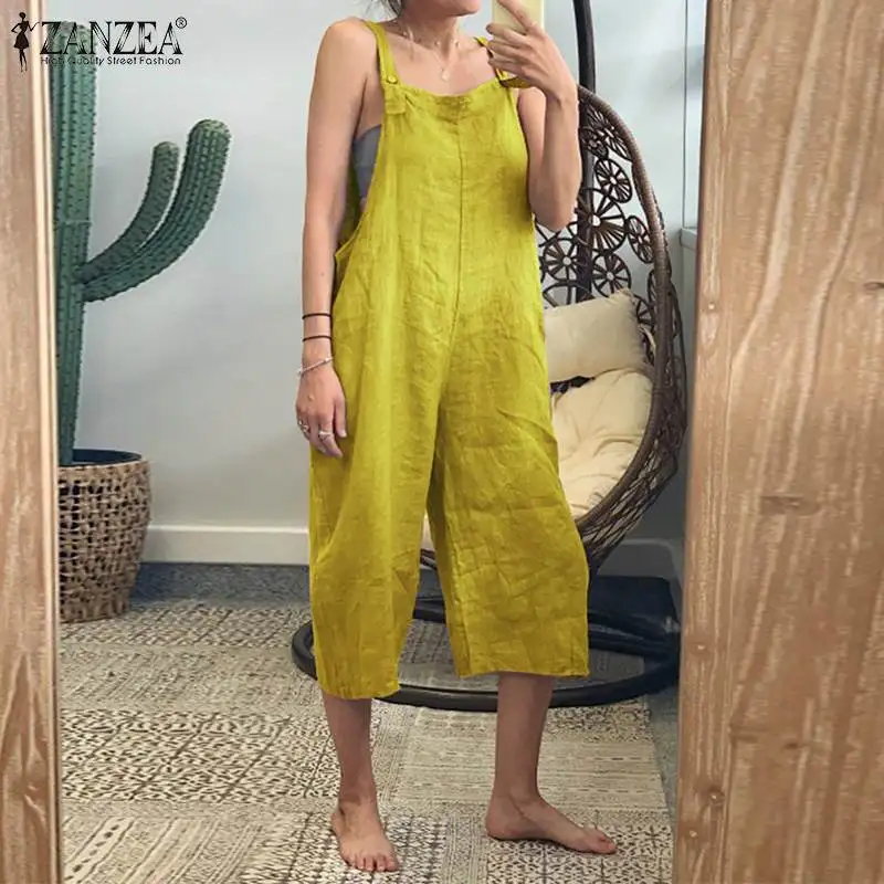 

Vintage Linen Overalls Women's Summer Jumpsuits 2019 ZANZEA Casual Strap Wide Leg Playtsuits Cropped Pant Plus Size Pantalon 5XL