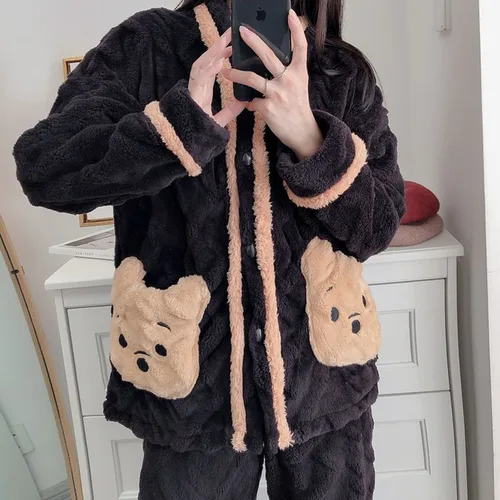 여성용 플란넬 잠옷 복장, 따뜻한 가을 겨울 가정복, V넥 카디건 바지, 투피스 잠옷, 80kg, 신상 4
