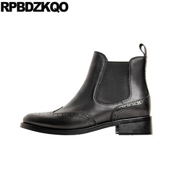 

booties chelsea women ankle boots 2019 round toe genuine leather comfortable autumn flat black brogue fall shoes high quality