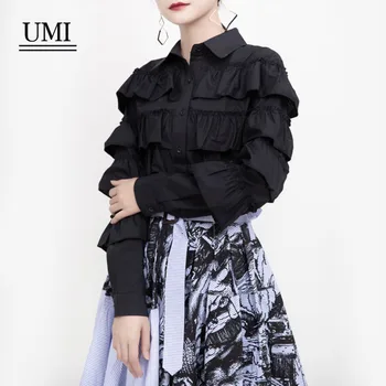 

2020 UMI Spring European Fashion Casual streetwear Style Korean Pleated Sleeve Temperament Elegant Black shirt Ladies polo women