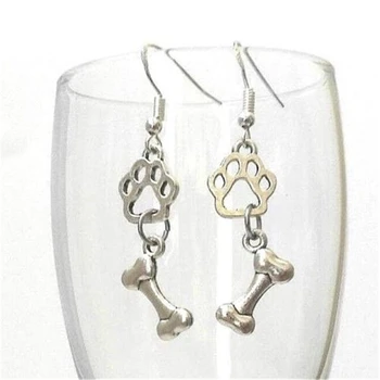 

Antique Silver Color Pet DogPaw Dog Bone Paw Footprint Earrings Hook Dangle Drop