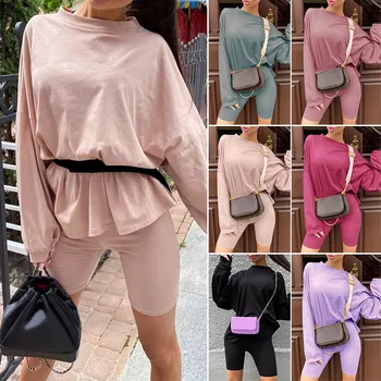 

Women's Casual Loose Long Sleeve Outfits Two Piece Set with Belt Sports Home Suit Autumn Pants+Tops