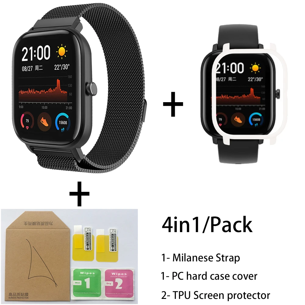 Black-White 4в1 для Xiaomi Huami Amazfit GTS Ремешок Браслет из Миланского нержавеющей стали Smartwatch Браслет amazfit gts защитный чехол для экрана - Цвет: Black-White
