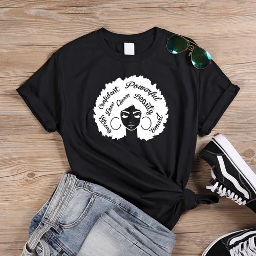 ONSEME/Красивые футболки с изображением афро-леди, футболка с надписью «queen Girl power», буквенный лозунг, топы, женские футболки, Христианские Футболки - Цвет: Black