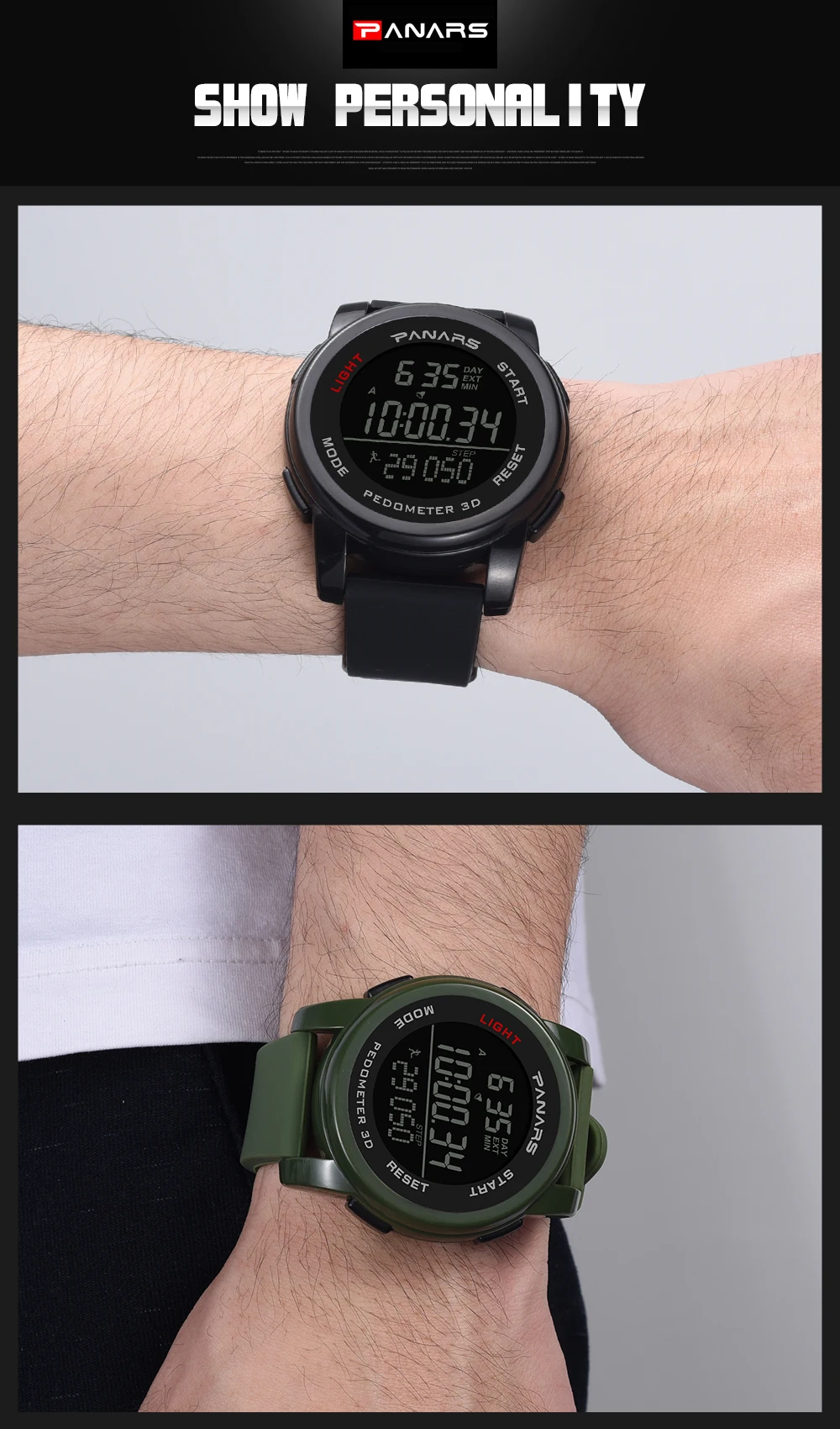 PANARS Mens Digital Watches Men's Sport Watch Dual Time Pedometer Alarm Clock 50M Waterproof Military Multifunction Reloj Hombre