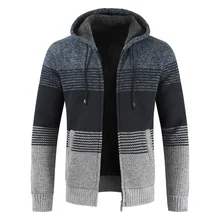 Thick Wool Coat Hooded Autumn Winter New Warm New Stripe Men's Sweater Sweaters Cardigan Jumpers Zipper Fleece Coat Men Hombre