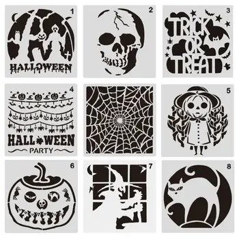 

2020 New 9 Pieces Plastic Halloween Themes Stencils Scale Template Set,Pumpkin,Skeleton,W