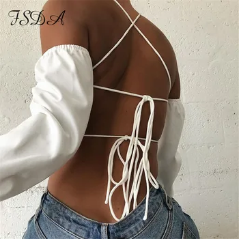 

FSDA O Neck Backless Long Sleeve Crop Top Bandage Women Summer Autumn Sexy T Shirt Lace Up White Party Top Shirts Ladies