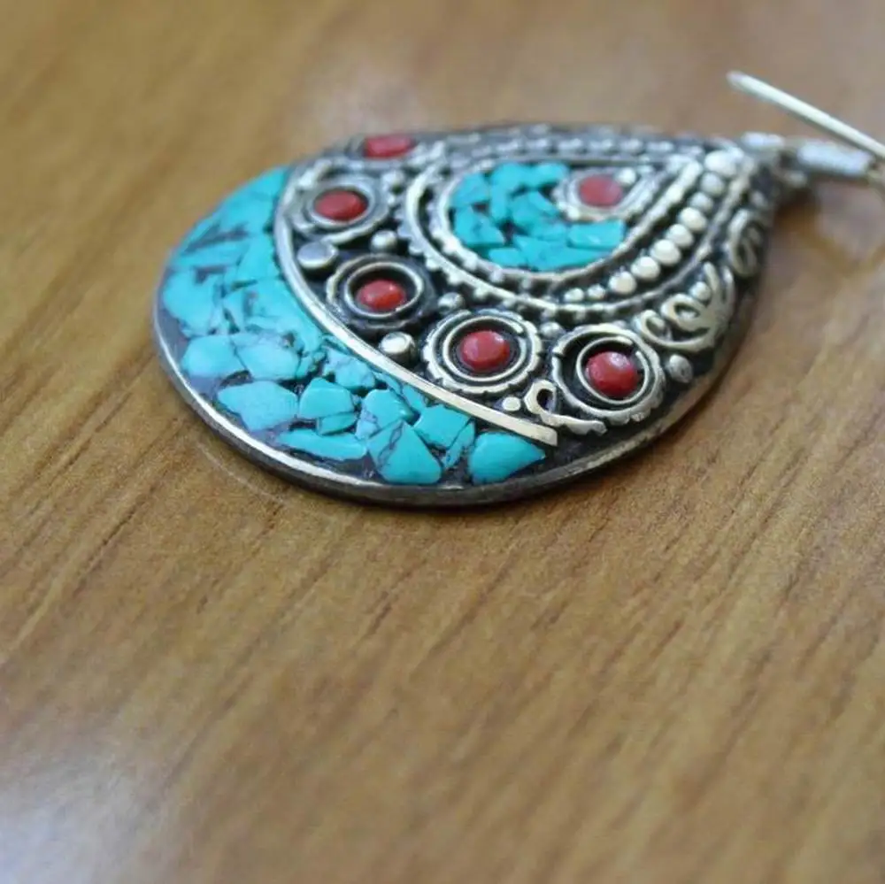 ER150 Nepal Big Water Drop Tibetan Silver Inlaid Turquoises Stone Earring Ethnic Tibetan Gift For Lady