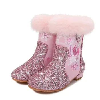 

Frozen Elsa Princess Shoes Girls Cartoon Boots PU Leather Sequin Winter Boots Girls Genuine Wool Warming Mid-calf Boots Disney